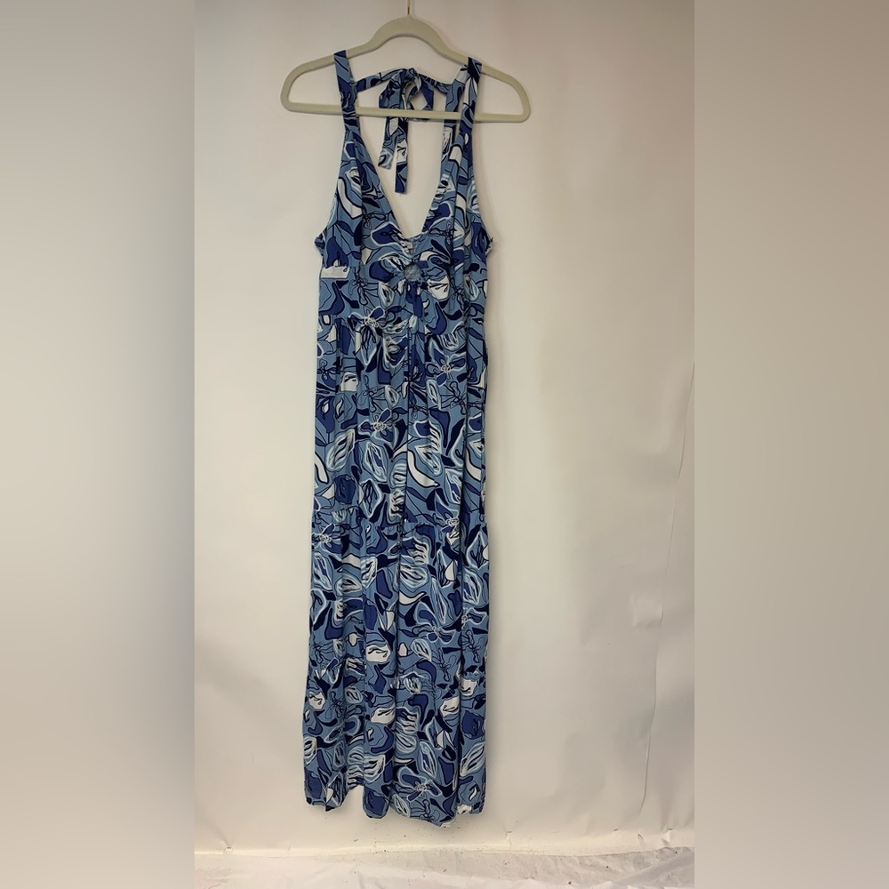 Sincerely Jules Womens Jumpsuit SZ XL Blue Halter Wide Leg Bohemian Resort Wear